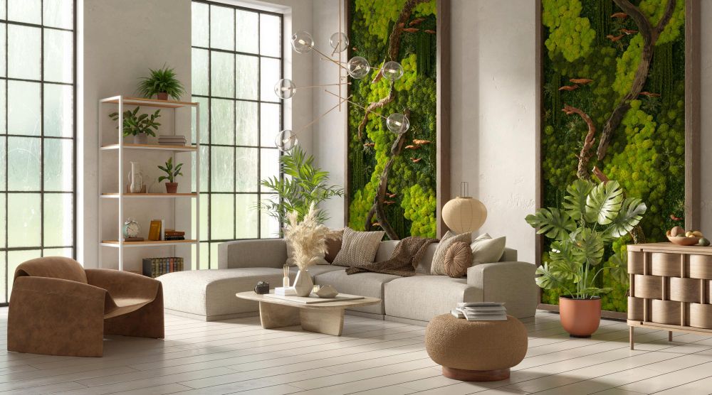 Modern living room interior with biophilic design featuring a green moss wall and natural elements.