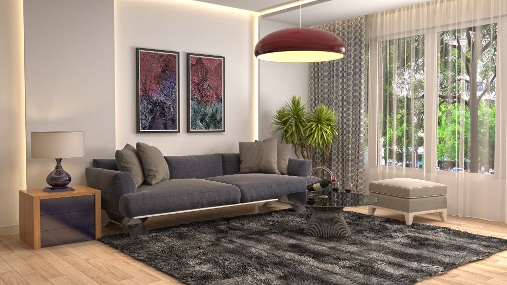Illustrated modern living room interior showing furniture layout and decorative elements.