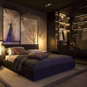 Luxury bedroom design with deep rich tones and soft golden lighting