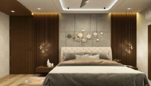 Elegant bedroom with plush tufted headboard and grey paneled wall