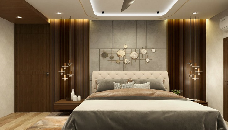 Elegant bedroom with plush tufted headboard and grey paneled wall