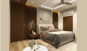 Elegant bedroom with plush tufted headboard and grey paneled wall