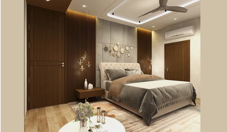 Elegant bedroom with plush tufted headboard and grey paneled wall