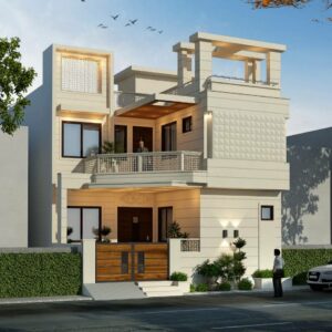 Grand modern three-story house with multiple balconies and textured exterior walls