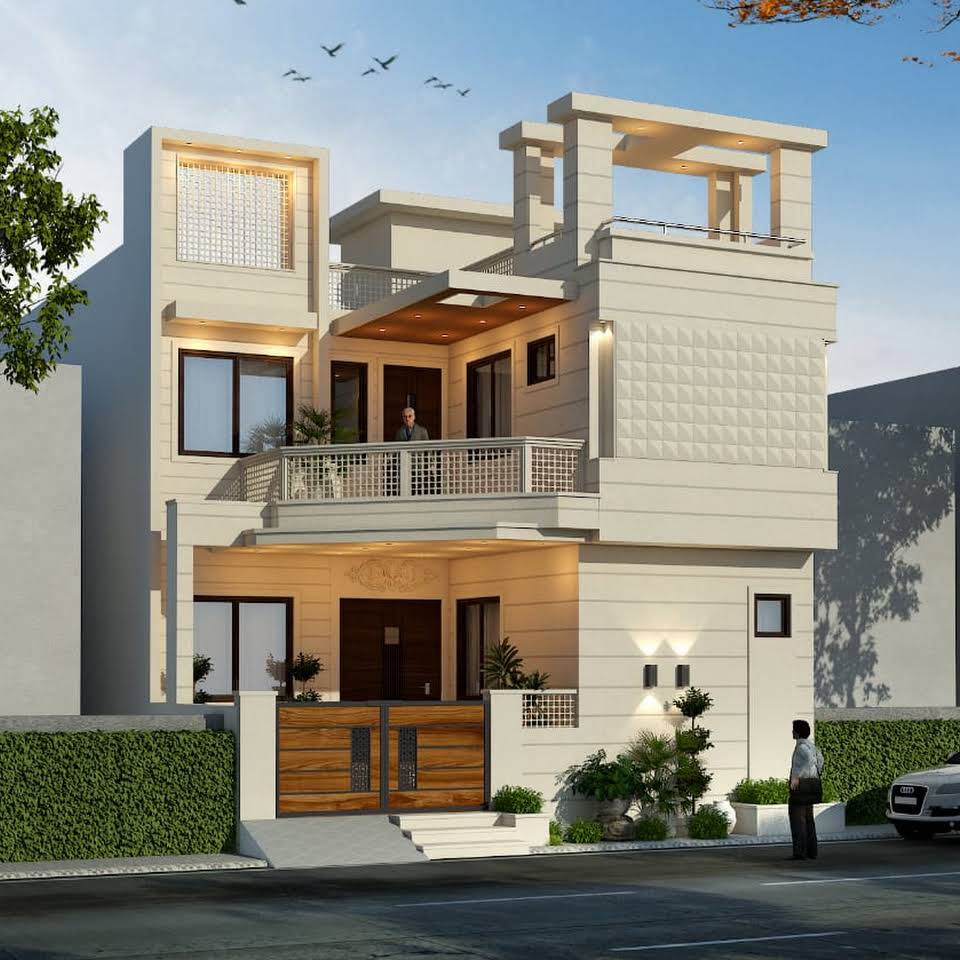 Grand modern three-story house with multiple balconies and textured exterior walls