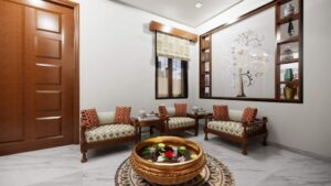 Traditional living room design with wooden seating and brass urli
