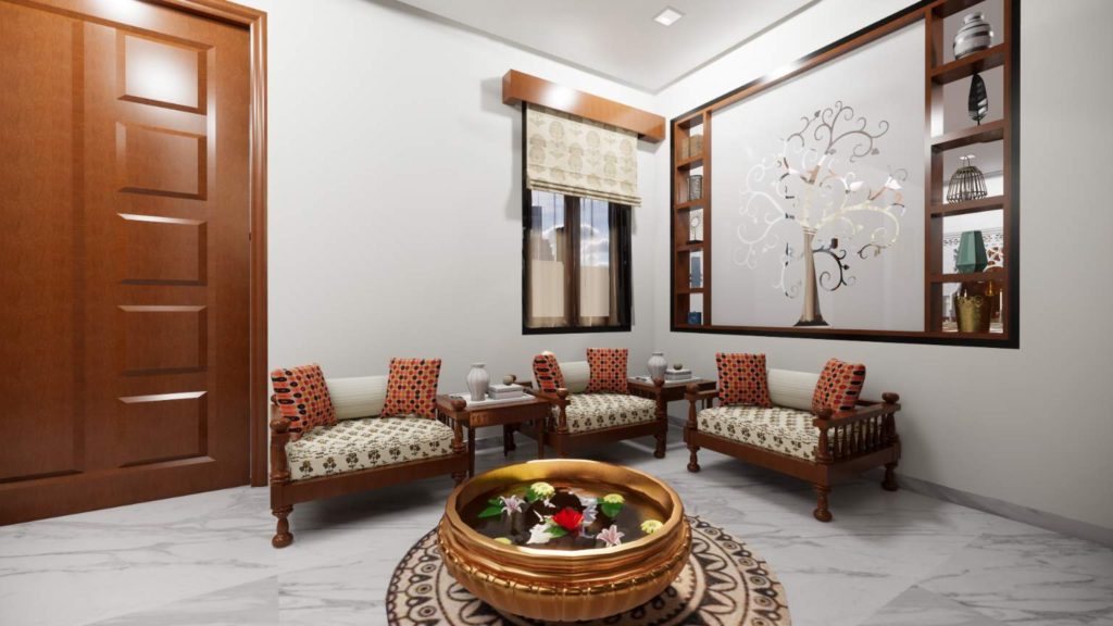 Traditional living room design with wooden seating and brass urli