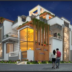 Luxurious modern house with golden lighting and large glass windows