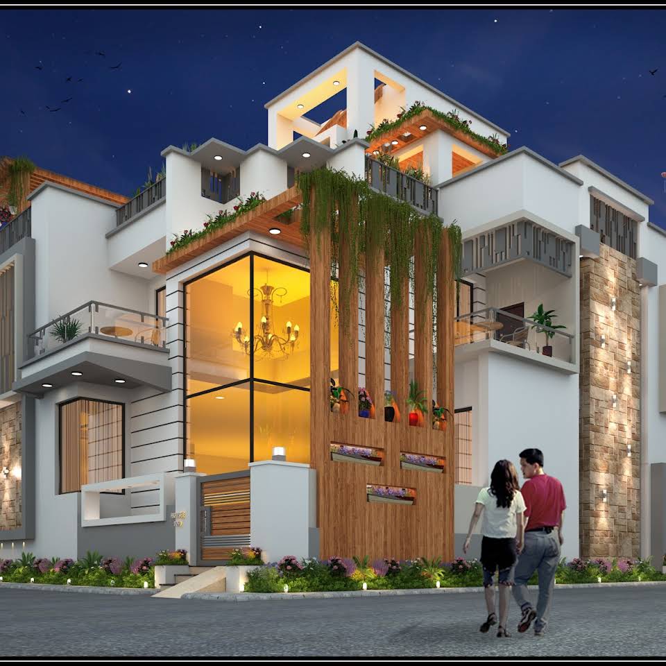 Luxurious modern house with golden lighting and large glass windows