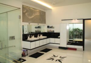 Luxurious spacious bathroom with modern double vanity and large mirrors