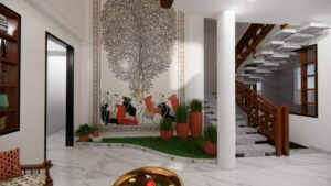 Modern Central Courtyard Design with Tree Mural
