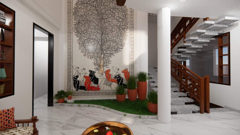 Modern Central Courtyard Design with Tree Mural
