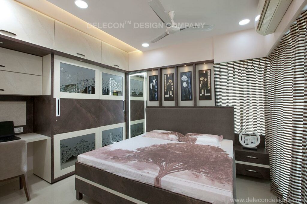 Modern bedroom design with dark brown and white cabinets