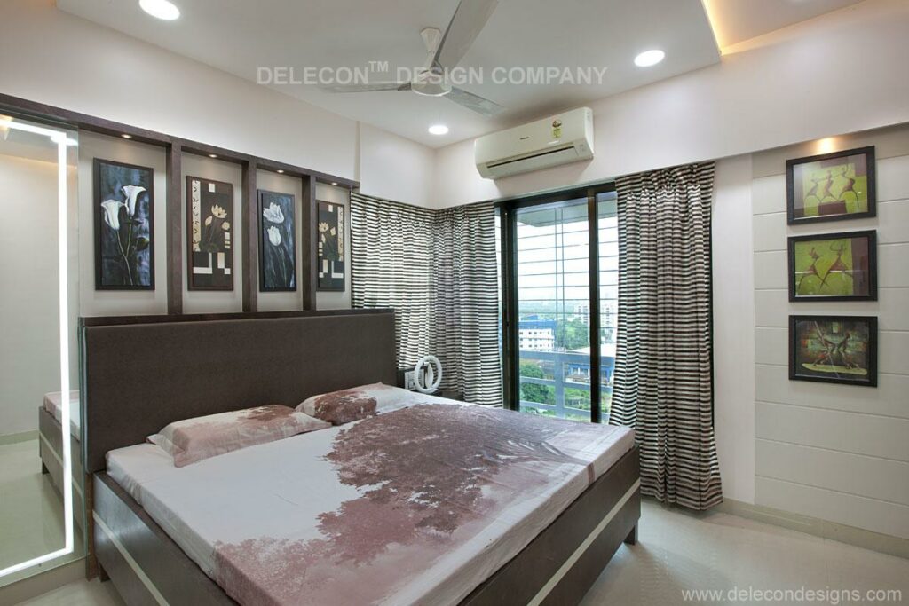 Modern bedroom design with dark brown and white cabinets