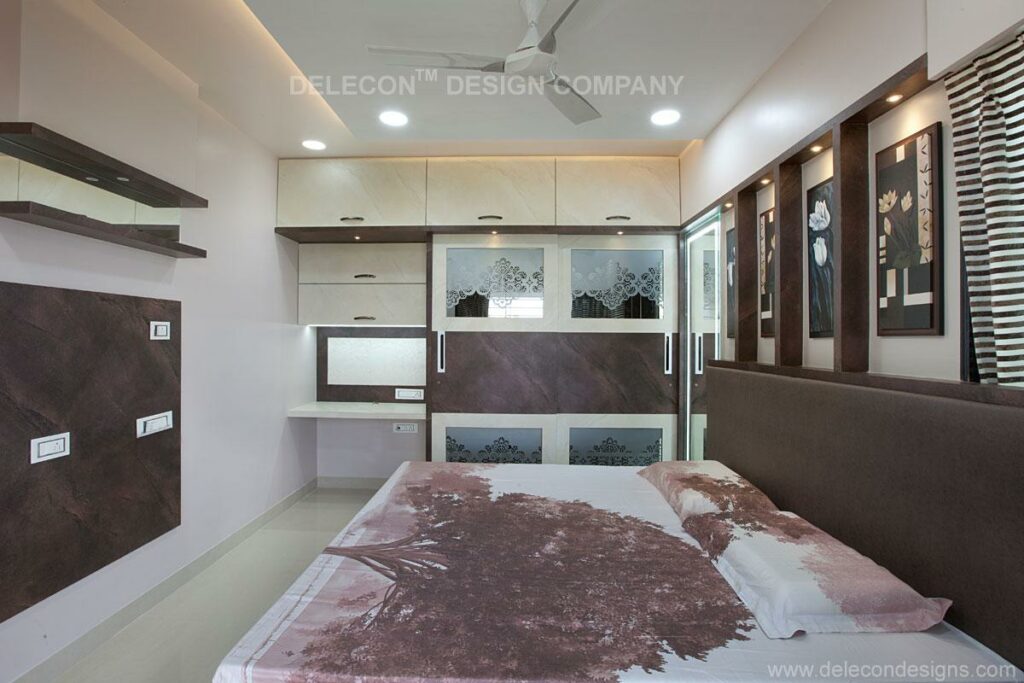 Modern bedroom design with dark brown and white cabinets