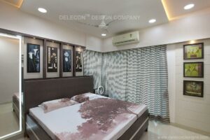 Modern bedroom design with dark brown and white cabinets