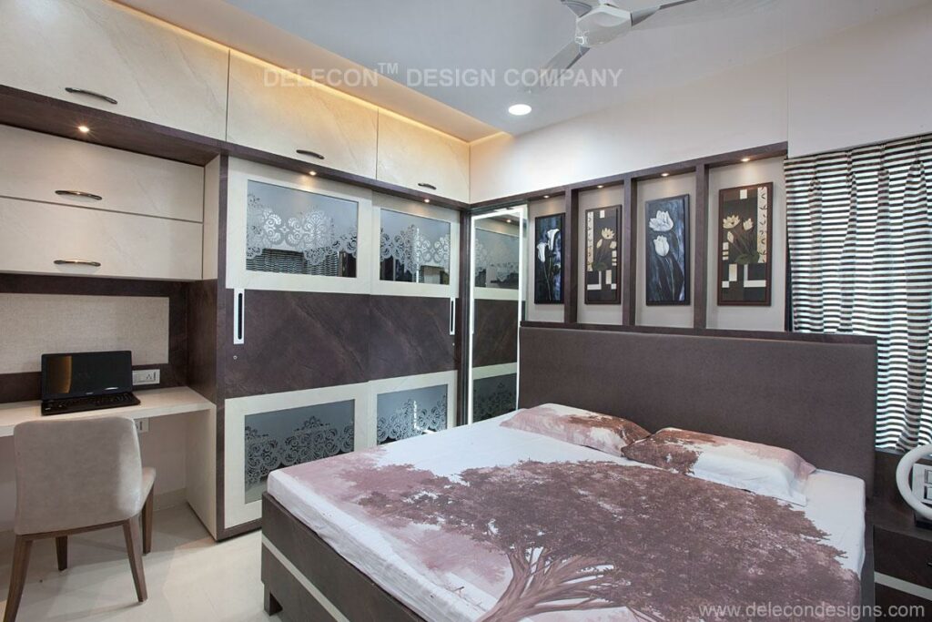 Modern bedroom design with dark brown and white cabinets