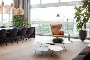 Elegant Living Room with a Warm Tan Leather Accent Chair