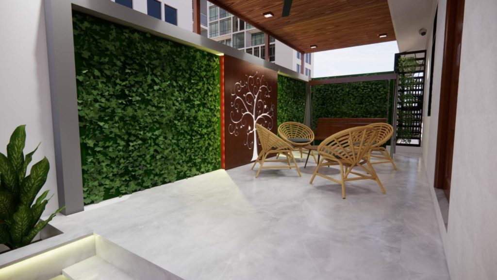 Inviting semi-outdoor seating area with lush green vertical garden wall