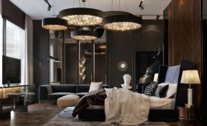 Luxury bedroom with statement chandeliers and dark textured walls