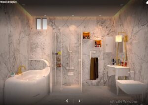 Luxury marble-clad bathroom with elegant gold fixtures