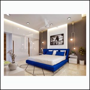 Modern Bedroom Design with Blue Upholstered Bed