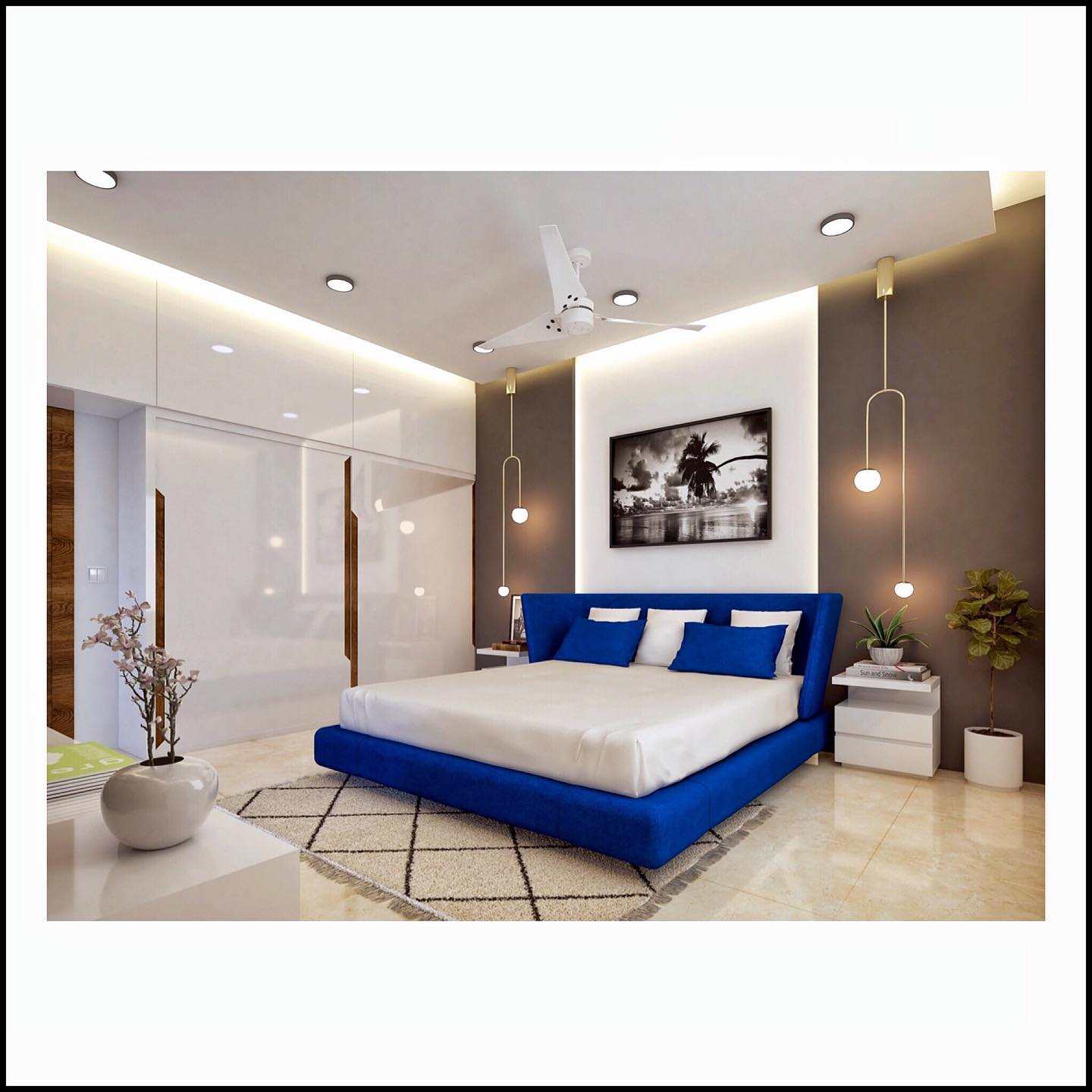 Modern Bedroom Design with Blue Upholstered Bed