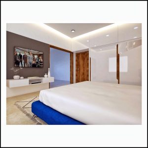 Modern Bedroom Design with Blue Upholstered Bed