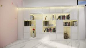 Modern storage unit with closed cabinets and open shelves