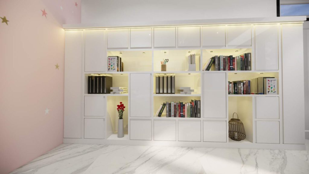 Modern storage unit with closed cabinets and open shelves