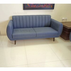 Modern two-seater sofa with soft blue upholstery and tapered wooden legs