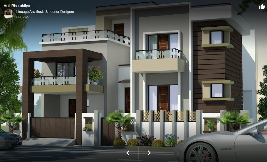 Modern multi-storey house with white and cream façade and glass balconies